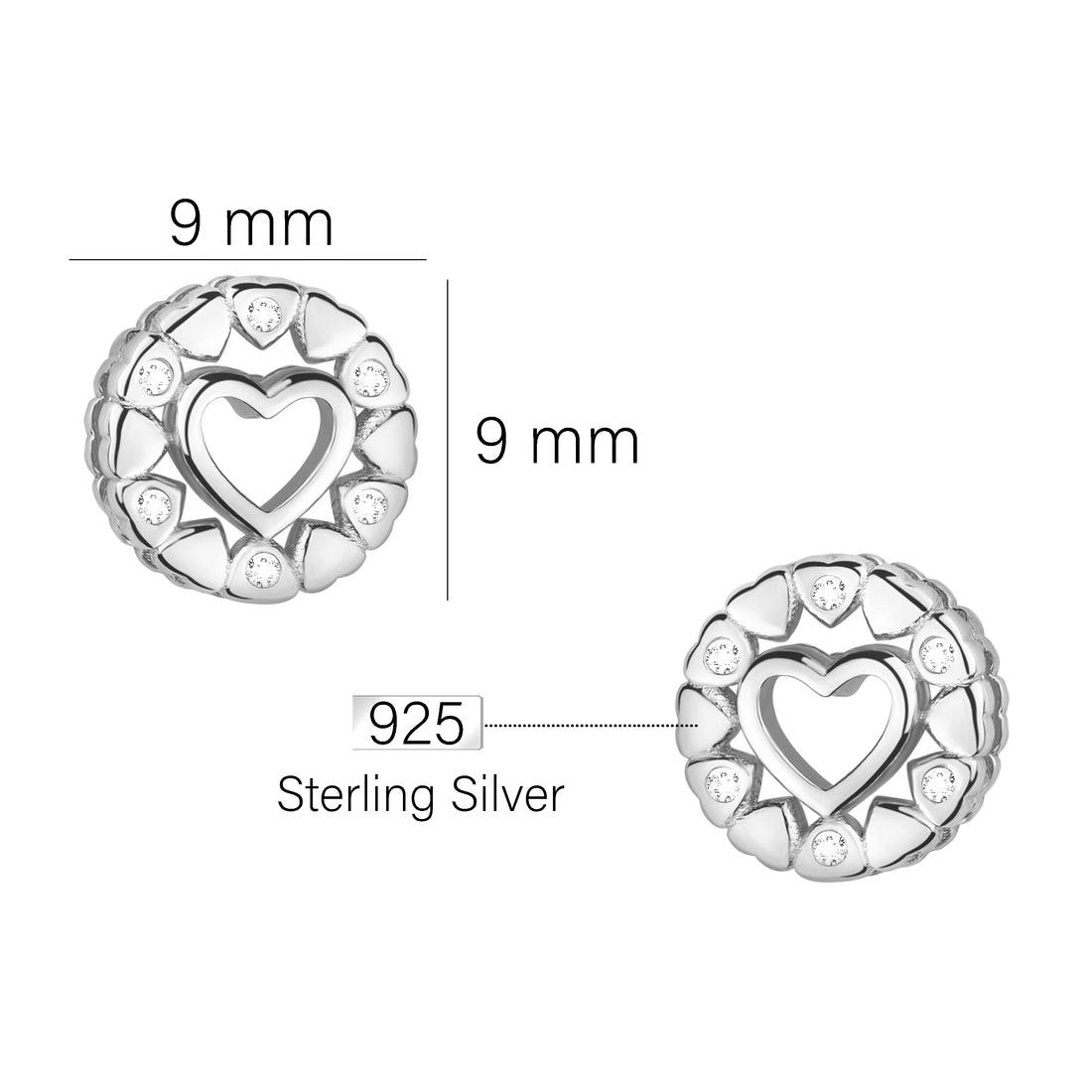 Maßenansicht von Herz Kreis Ohrstecker in 925 Silber von Sofia Milani - E2104