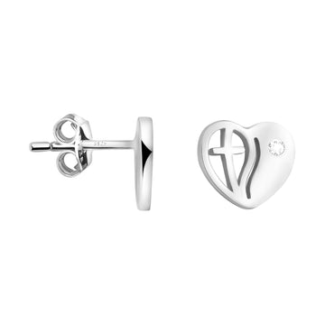 Haupt- und Seitenansicht von Herz Kreuz Ohrstecker in 925 Silber von Sofia Milani - E2106