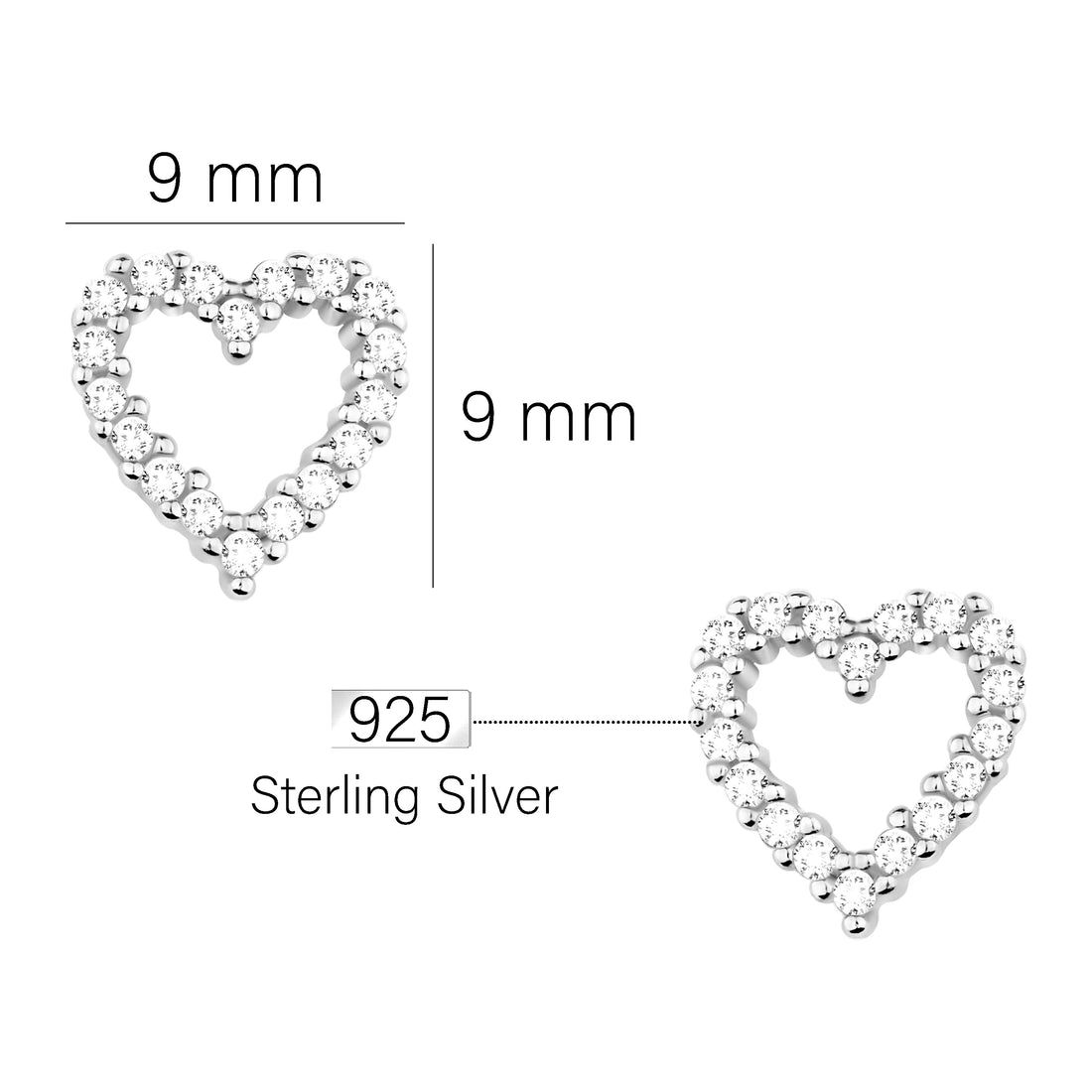 Maßenansicht von Herz Ohrstecker in 925 Silber von Sofia Milani - E2118