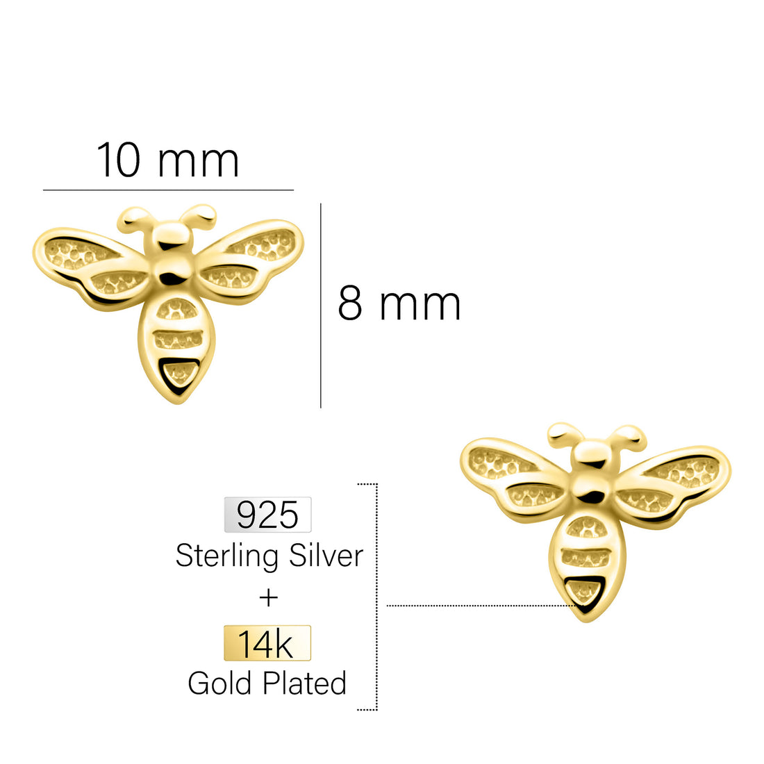 Maßenansicht von Bienen Ohrstecker in 925 Silber von Sofia Milani - E2131