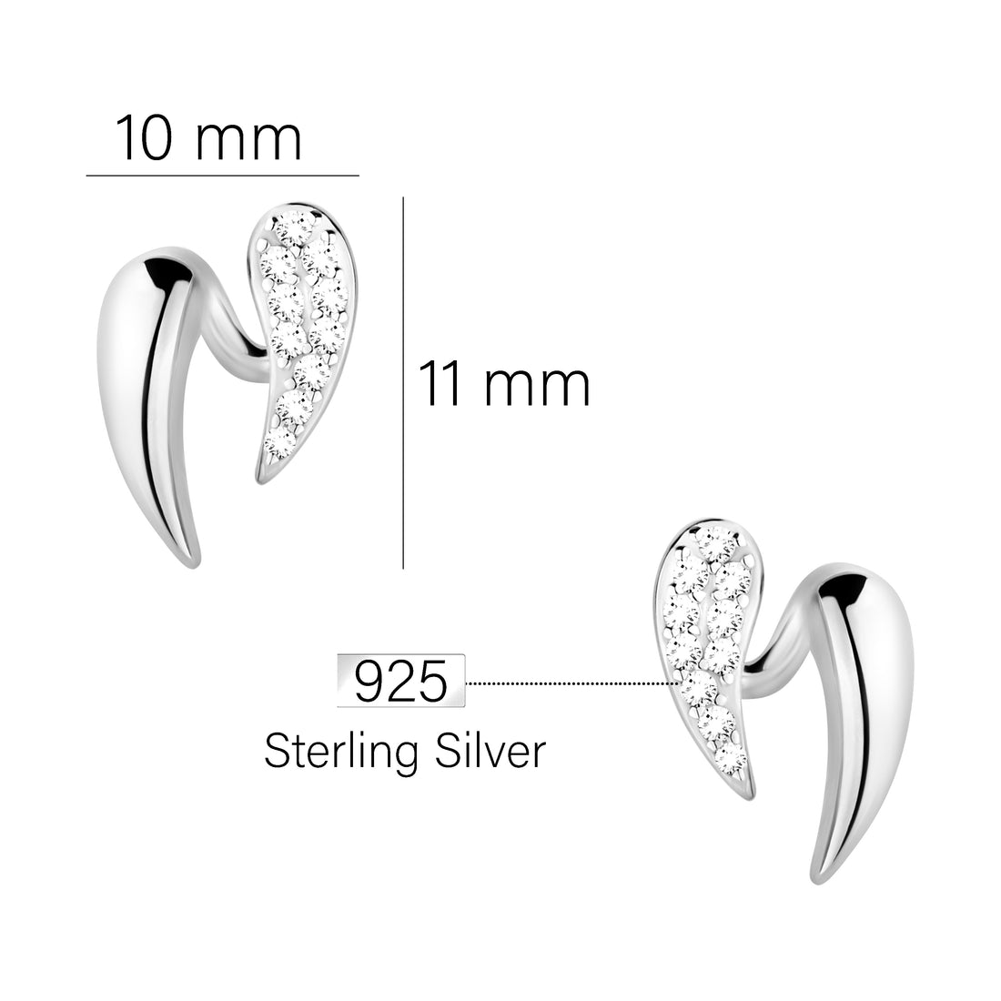 Maßenansicht von Flügel Engel Ohrstecker in 925 Silber von Sofia Milani - E2138