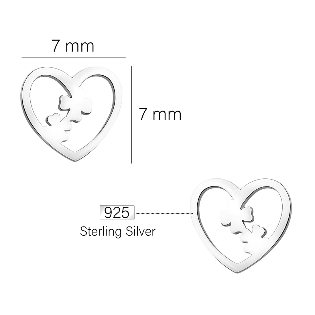 Maßenansicht von Herz Kleeblatt Ohrstecker in 925 Silber von Sofia Milani - E2170
