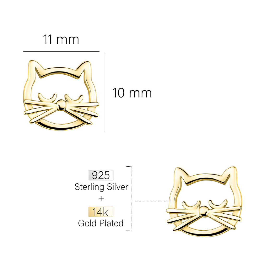 Maßenansicht von Katzen Ohrstecker in 925 Silber von Sofia Milani - E2177