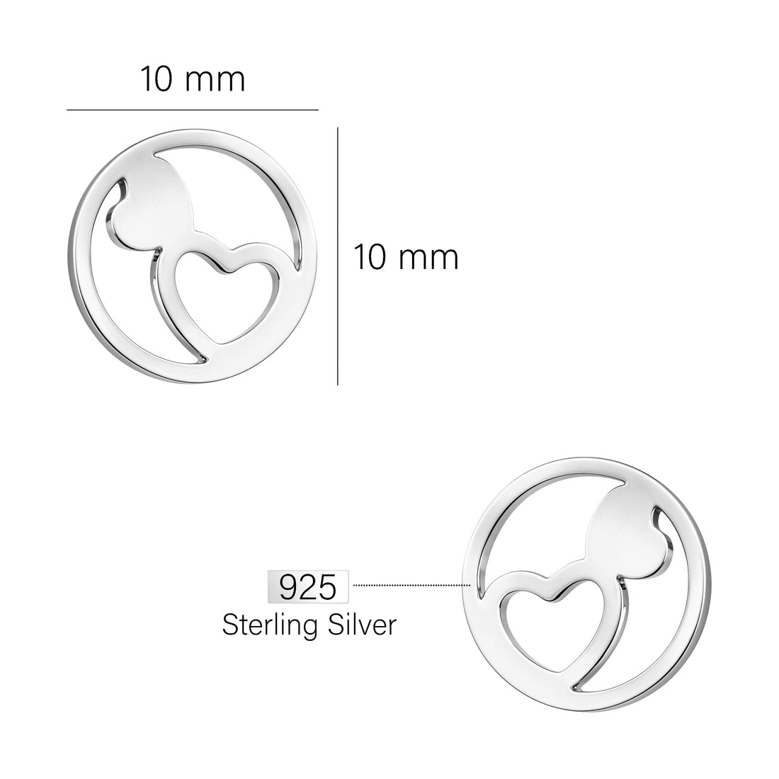 Maßenansicht von Herz Kreis Ohrstecker in 925 Silber von Sofia Milani - E2186