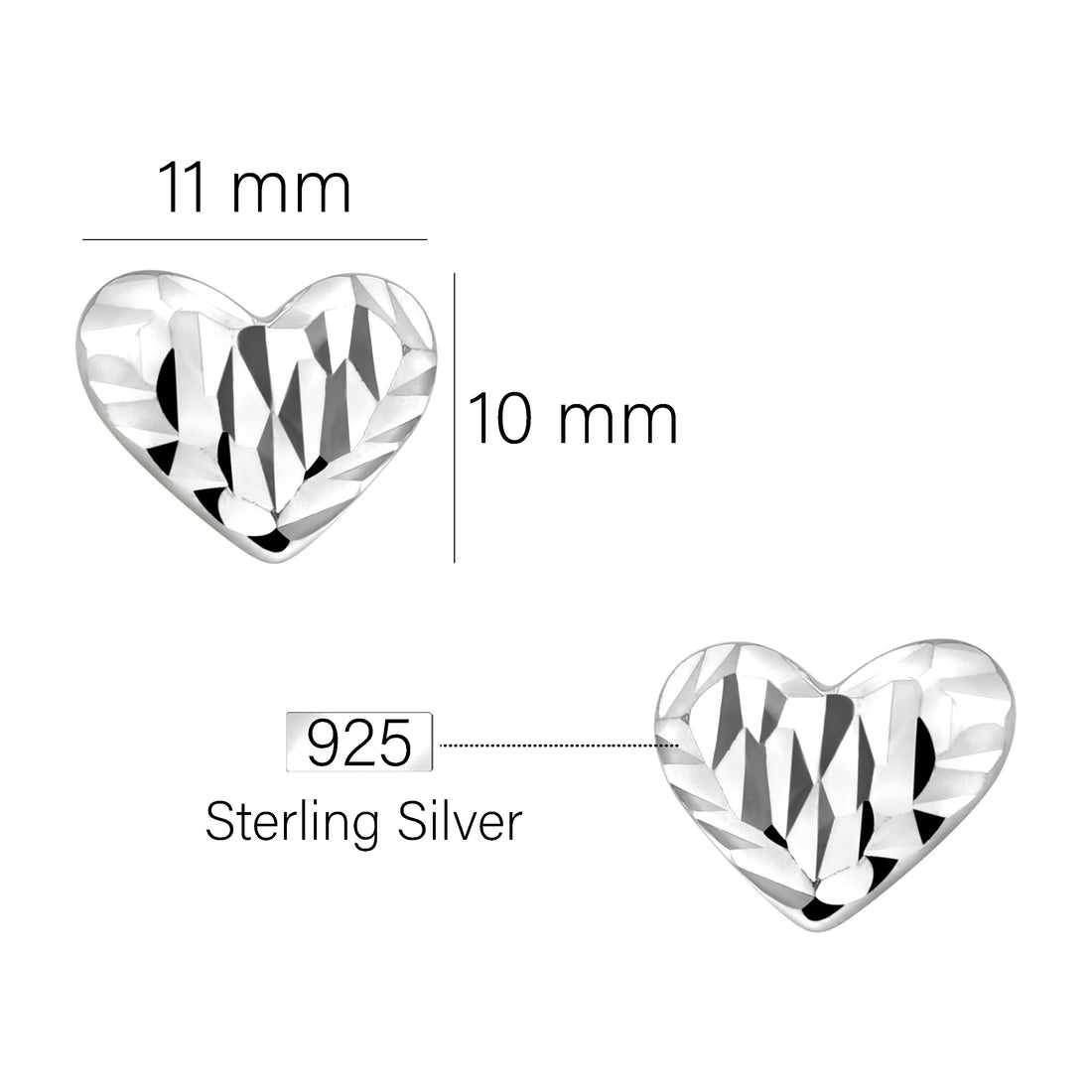 Maßenansicht von Geriffeltes Herz Ohrstecker in 925 Silber von Sofia Milani - E2188