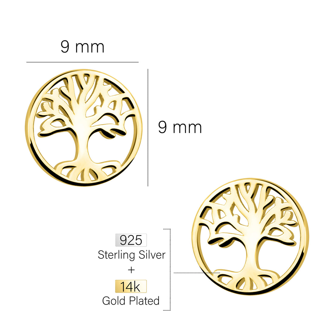 Maßenansicht von Baum Kreis Ohrstecker in 925 Silber von Sofia Milani - E2197