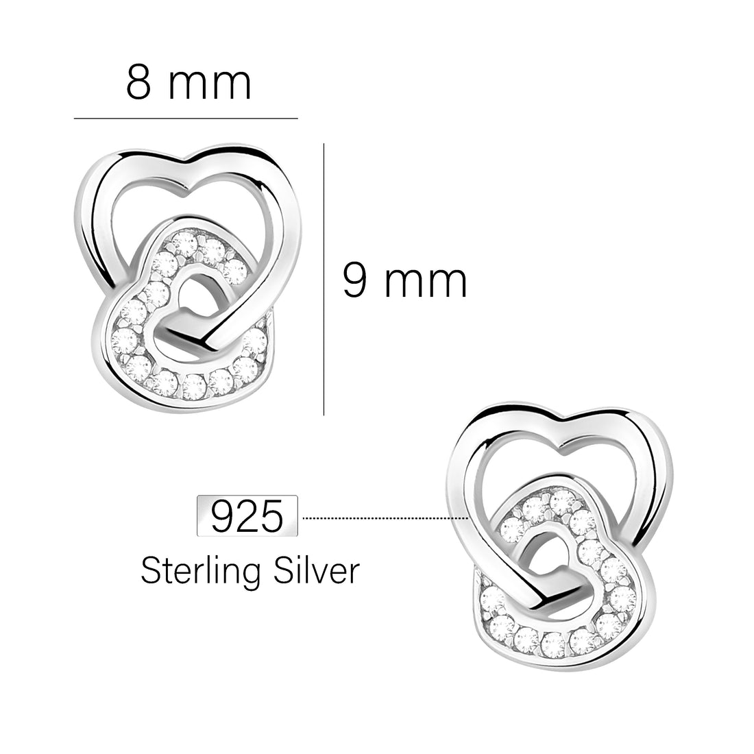 Maßenansicht von Doppeltes Herz Ohrstecker in 925 Silber von Sofia Milani - E2200