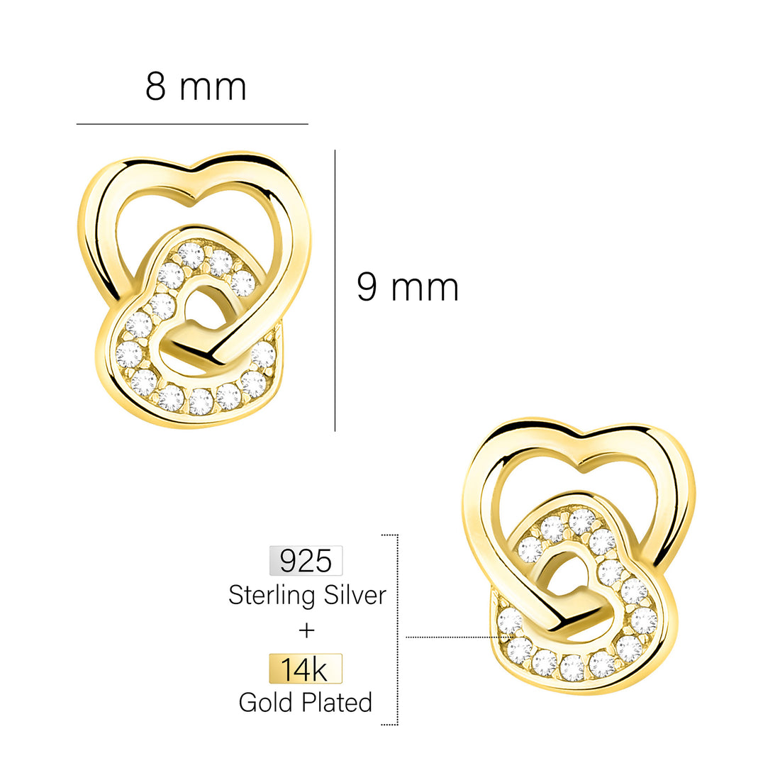 Maßenansicht von Doppeltes Herz Ohrstecker in 925 Silber von Sofia Milani - E2201
