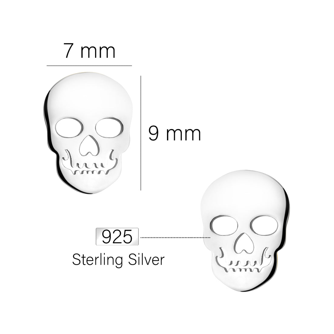 Maßenansicht von Totenkopf Ohrstecker in 925 Silber von Sofia Milani - E2210
