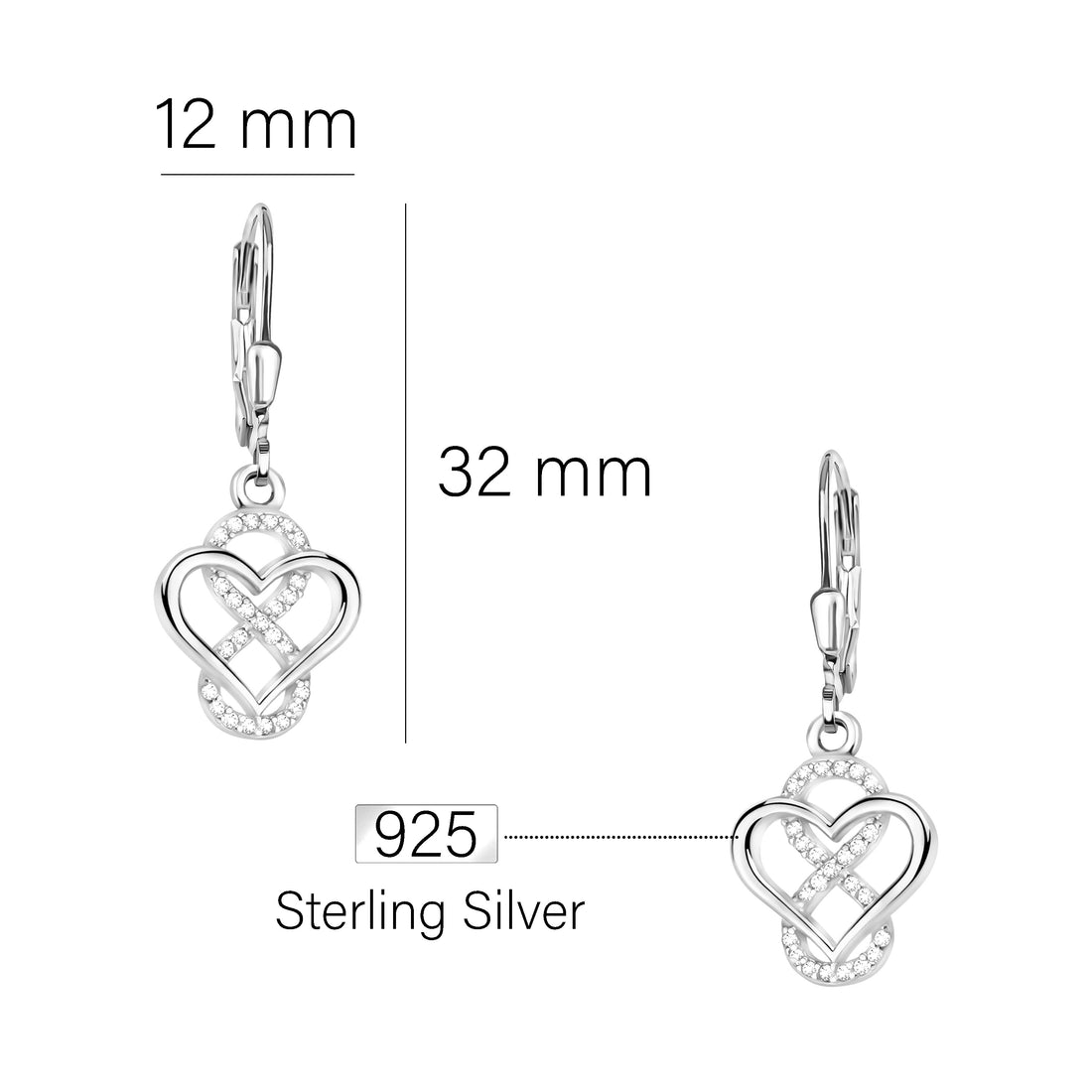 Maßenansicht von Herz Unendlich Infinity Ohrhänger in 925 Silber von Sofia Milani - E2216