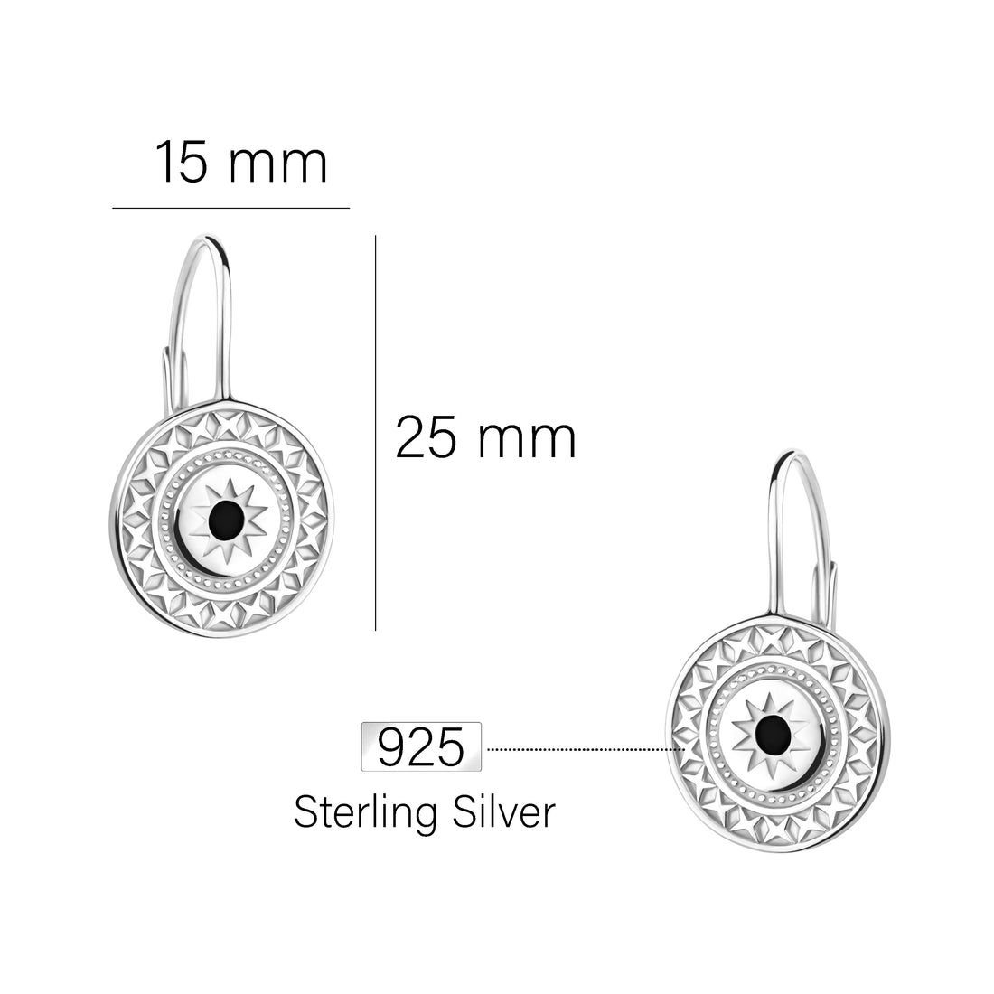 Maßenansicht von Sonnen Sternen Kreis Ohrhänger in 925 Silber von Sofia Milani - E2224