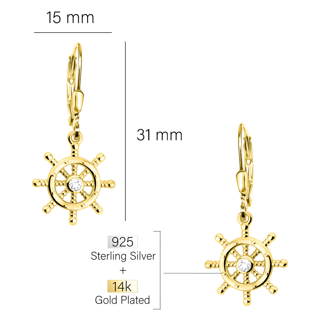 Maßenansicht von Schiffsrad Ohrhänger in 925 Silber von Sofia Milani - E2253