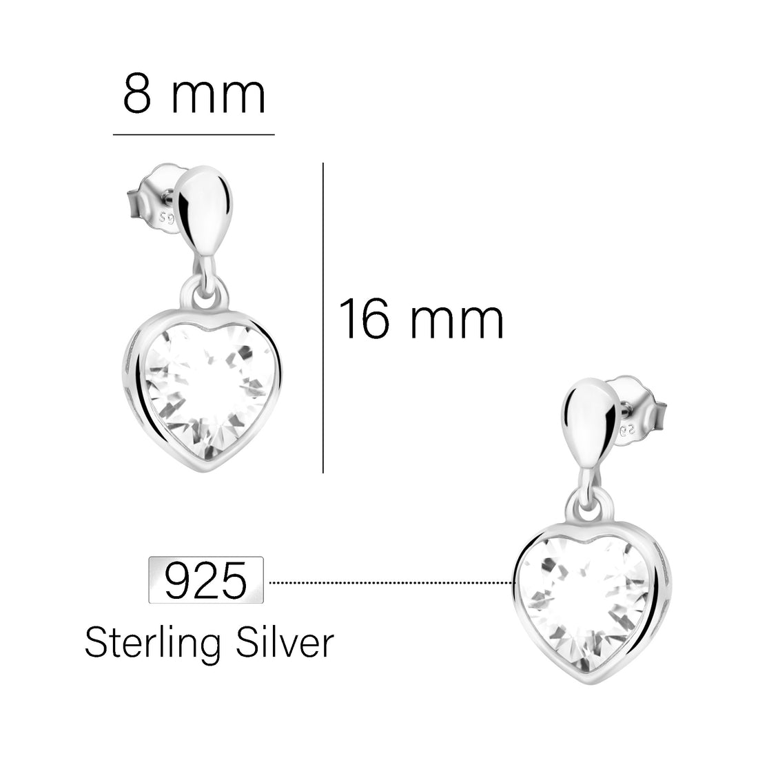Maßenansicht von Herz Ohrstecker in 925 Silber von Sofia Milani - E2258