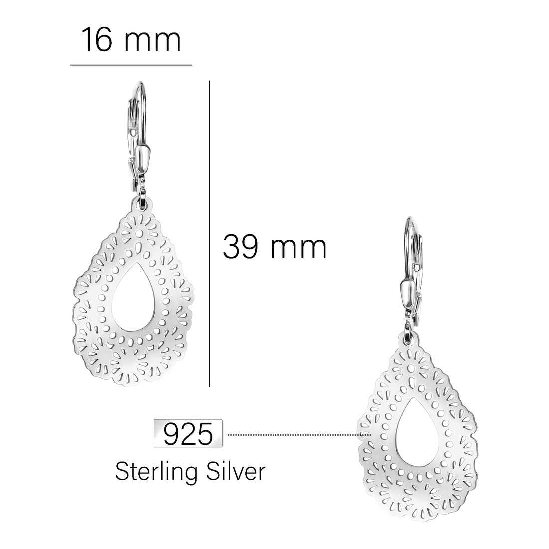 Maßenansicht von Ornamenten Ohrhänger in 925 Silber von Sofia Milani - E2262