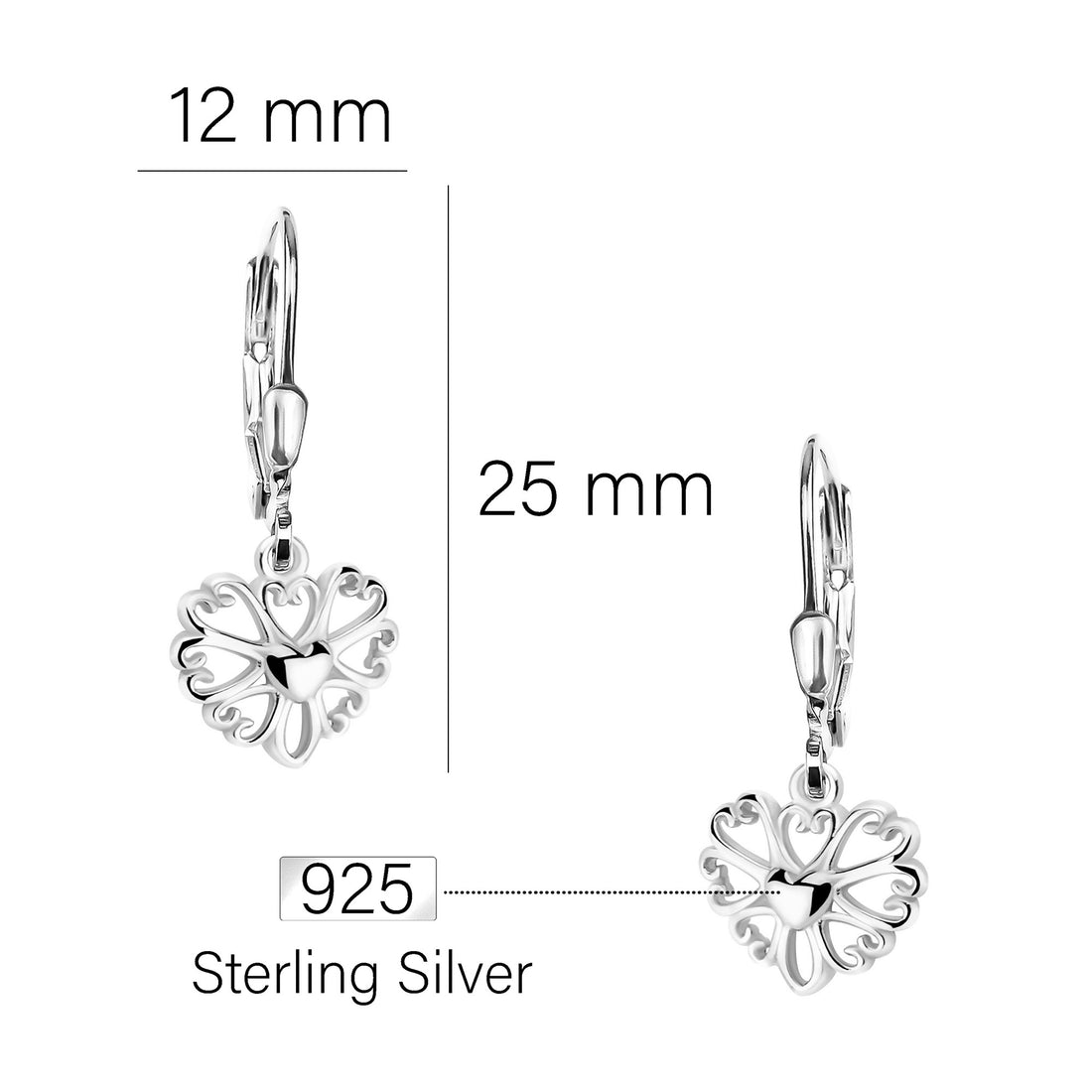 Maßenansicht von Herz Blumen Ohrhänger in 925 Silber von Sofia Milani - E2270