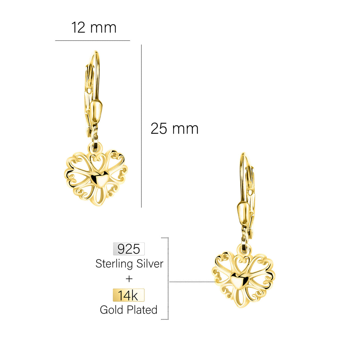 Maßenansicht von Herz Blumen Ohrhänger in 925 Silber von Sofia Milani - E2271