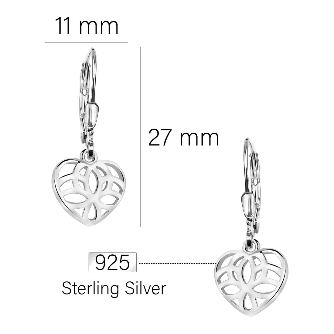Maßenansicht von Herz Ohrhänger in 925 Silber von Sofia Milani - E2274
