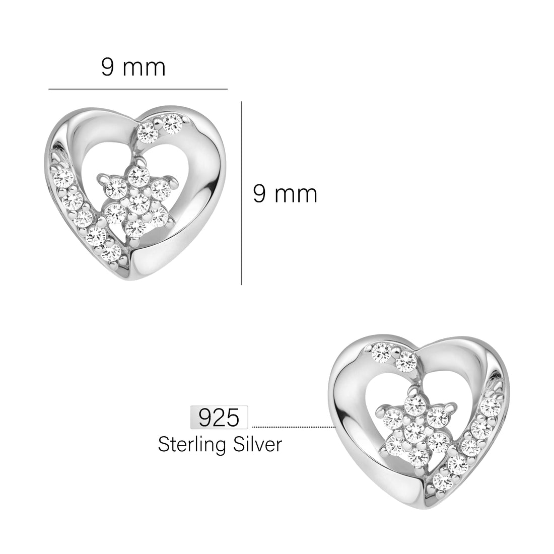 Maßenansicht von Herz Ohrstecker in 925 Silber von Sofia Milani - E2278