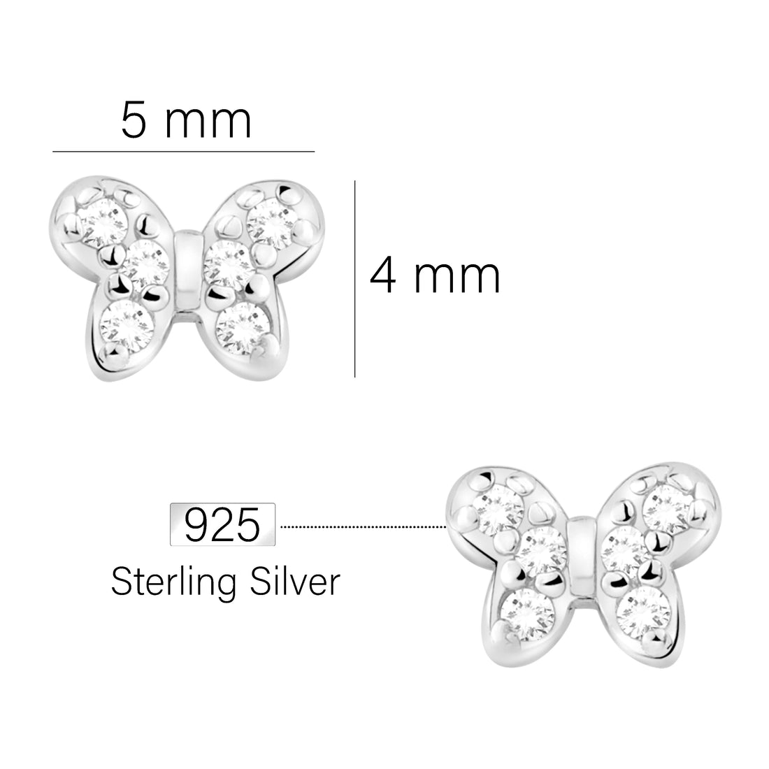Maßenansicht von Schmetterling Ohrstecker in 925 Silber von Sofia Milani - E2284