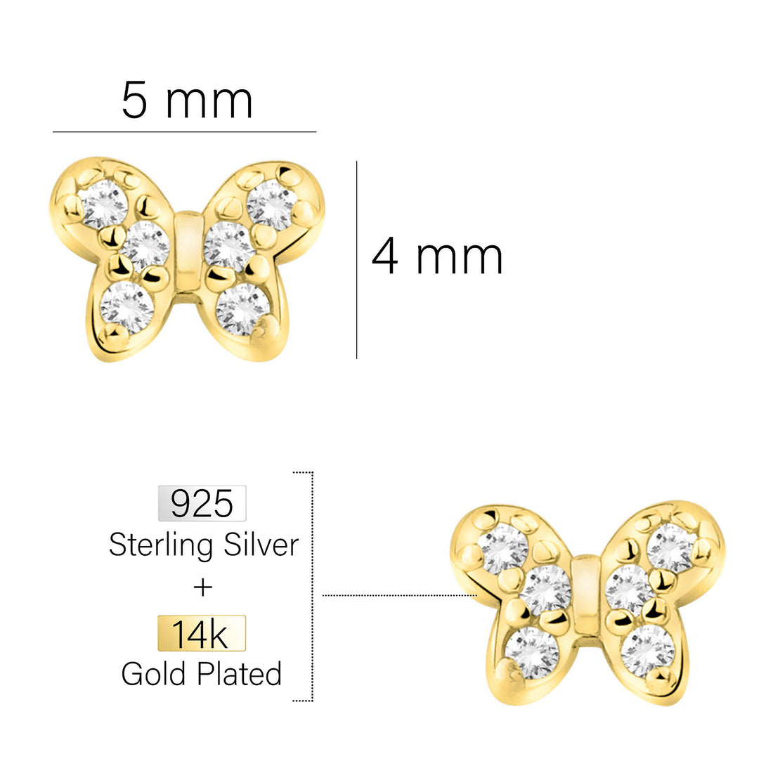 Maßenansicht von Schmetterling Ohrstecker in 925 Silber von Sofia Milani - E2285