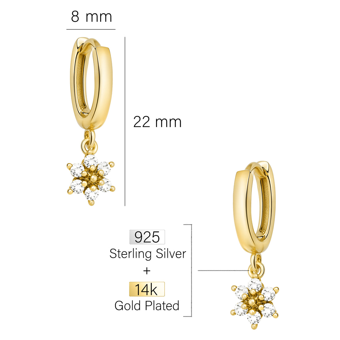 Maßenansicht von Blumen Creolen in 925 Silber von Sofia Milani - E2299