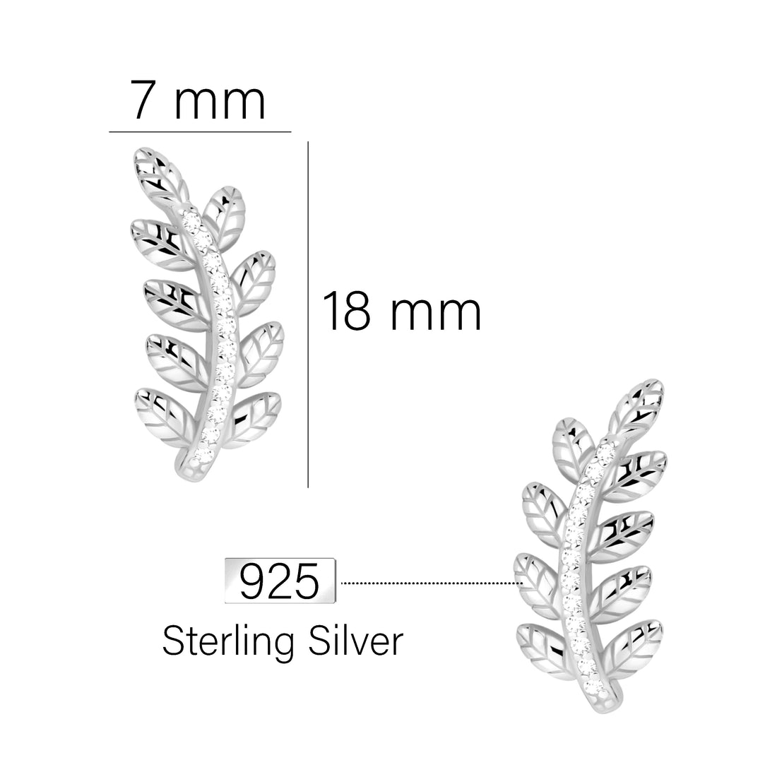 Maßenansicht von Blatt Ohrstecker in 925 Silber von Sofia Milani - E2320