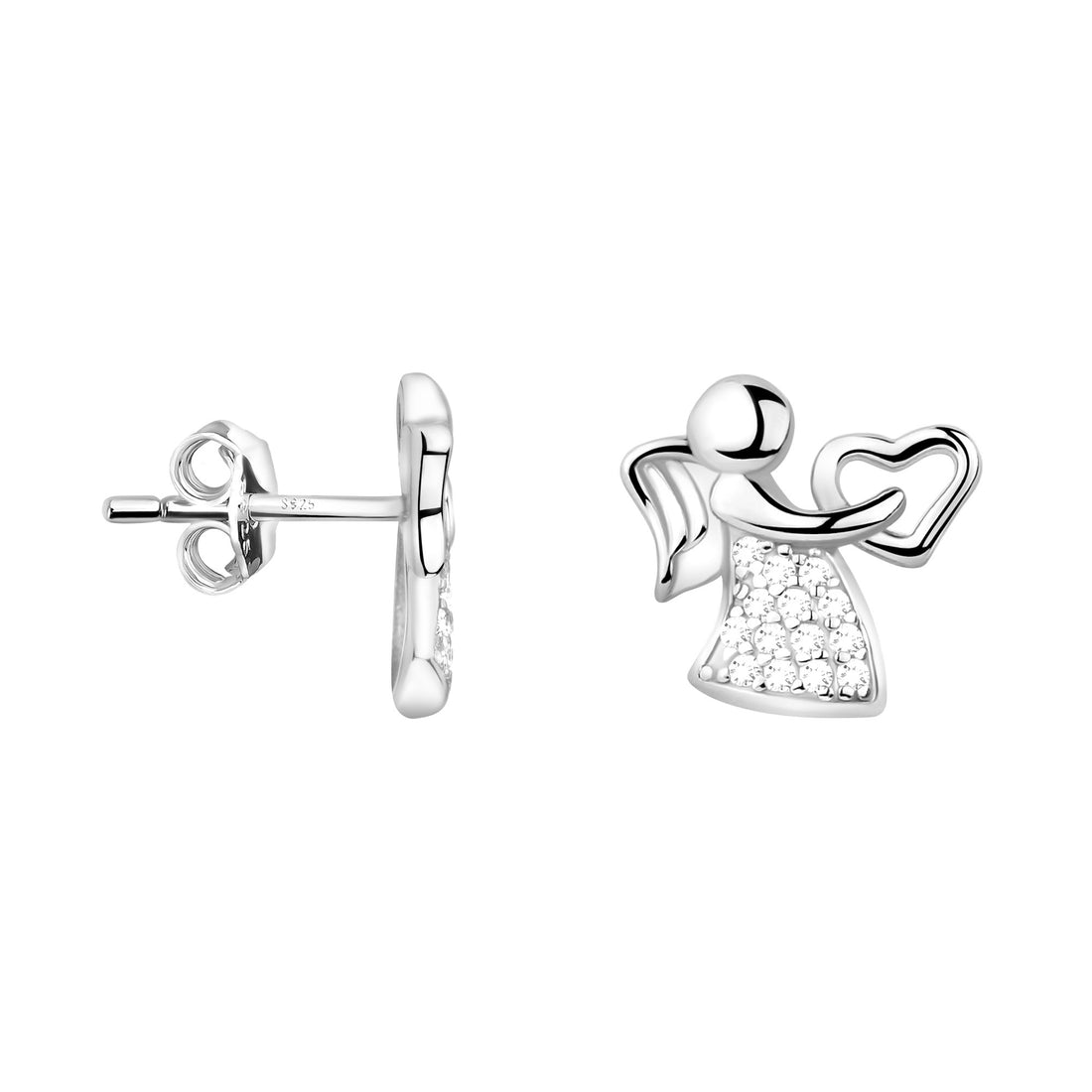 Haupt- und Seitenansicht von Herz Engel Ohrstecker in 925 Silber von Sofia Milani - E2326