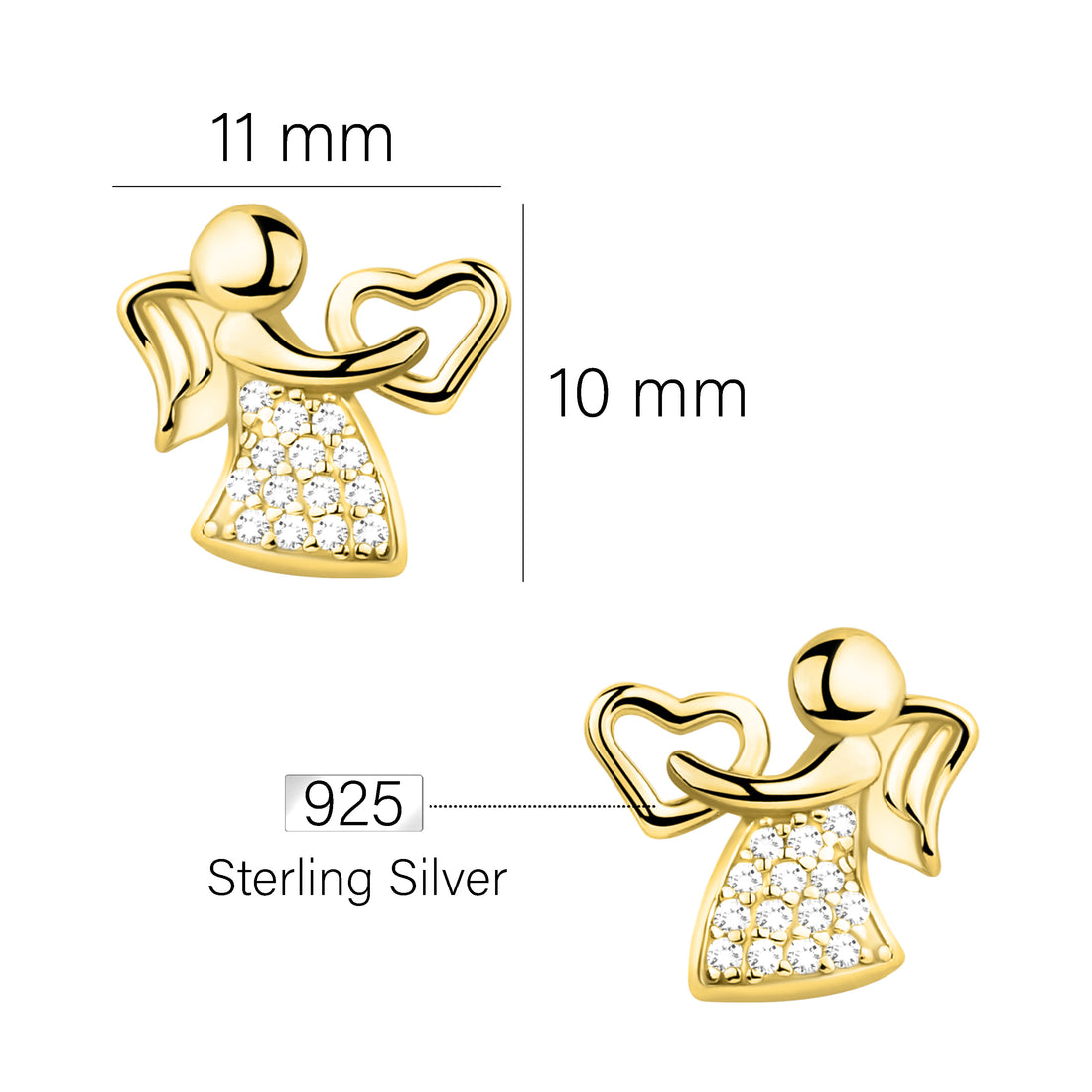 Maßenansicht von Herz Engel Ohrstecker in 925 Silber von Sofia Milani - E2327