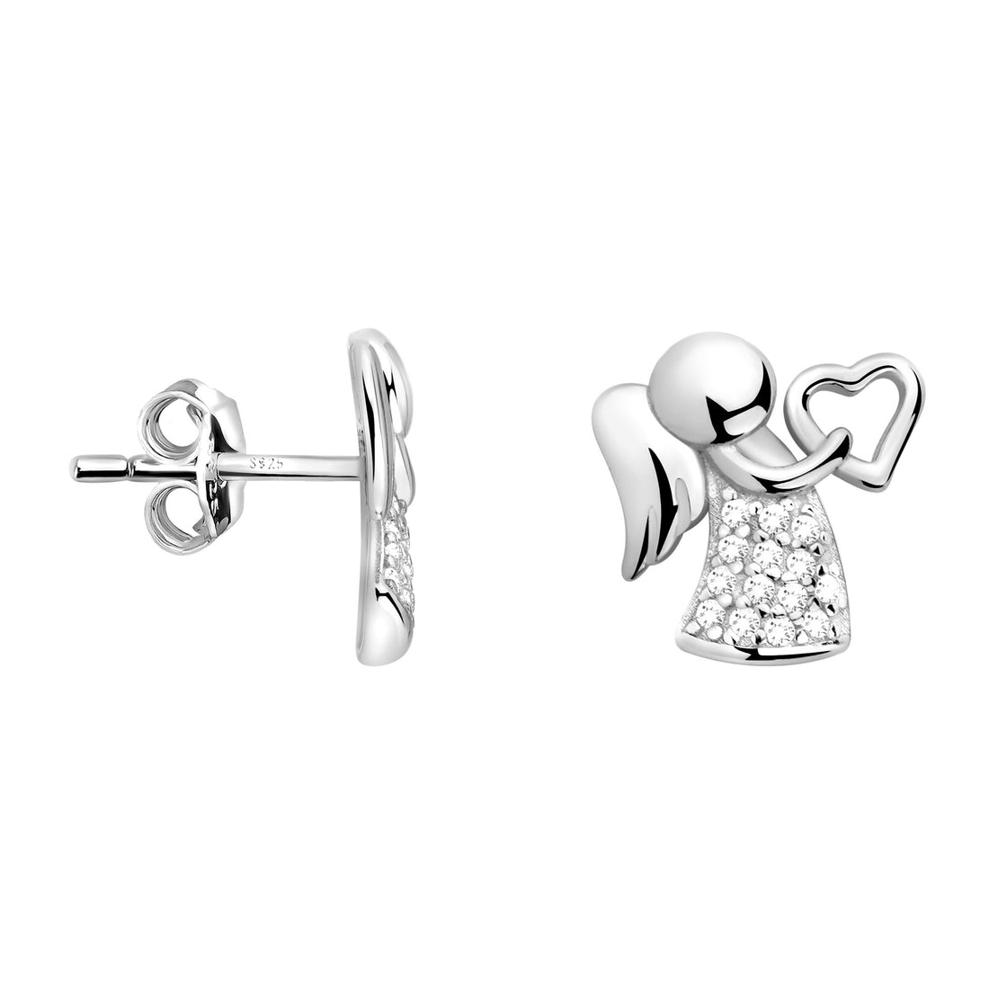 Haupt- und Seitenansicht von Herz Engel Ohrstecker in 925 Silber von Sofia Milani - E2334