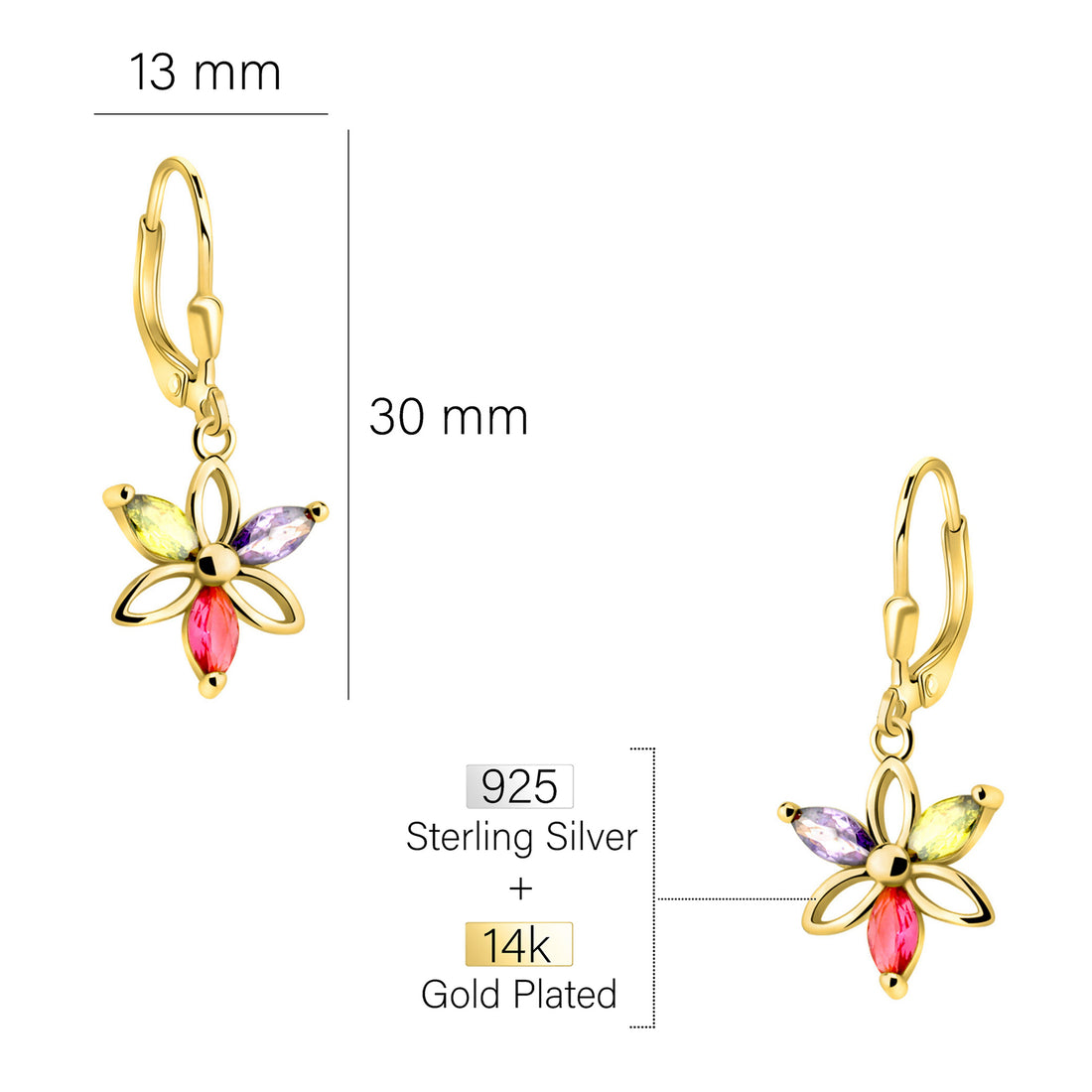 Maßenansicht von Blumen Ohrhänger in 925 Silber von Sofia Milani - E2341