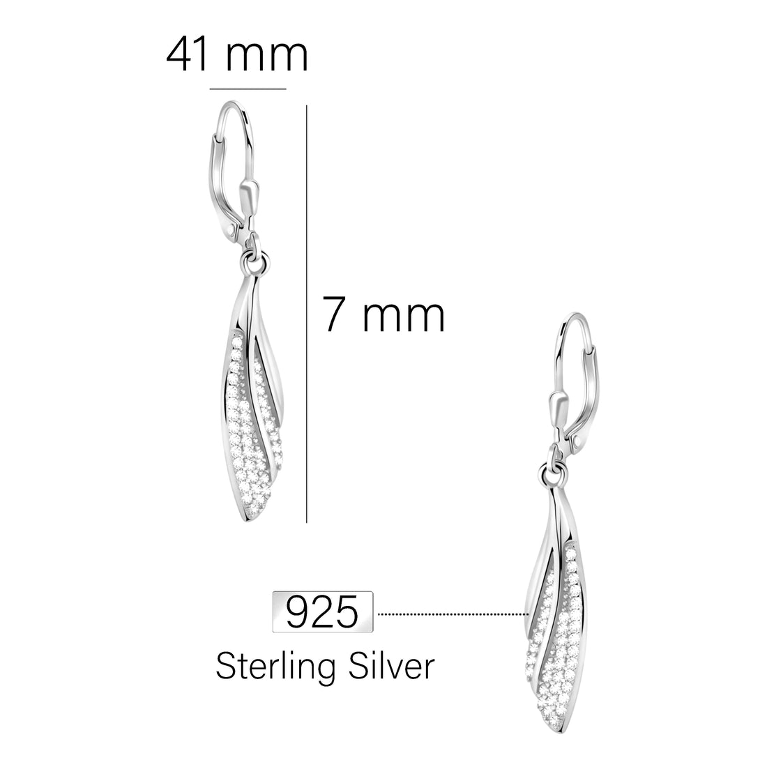 Maßenansicht von Engel Flügel Feder Ohrhänger in 925 Silber von Sofia Milani - E2342