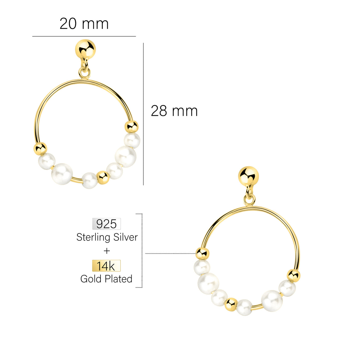 Maßenansicht von Kreis Perlen Ohrhänger in 925 Silber von Sofia Milani - E2357