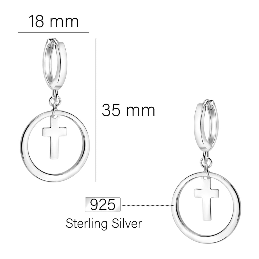 Maßenansicht von Kreuz Kreis Creolen in 925 Silber von Sofia Milani - E2366