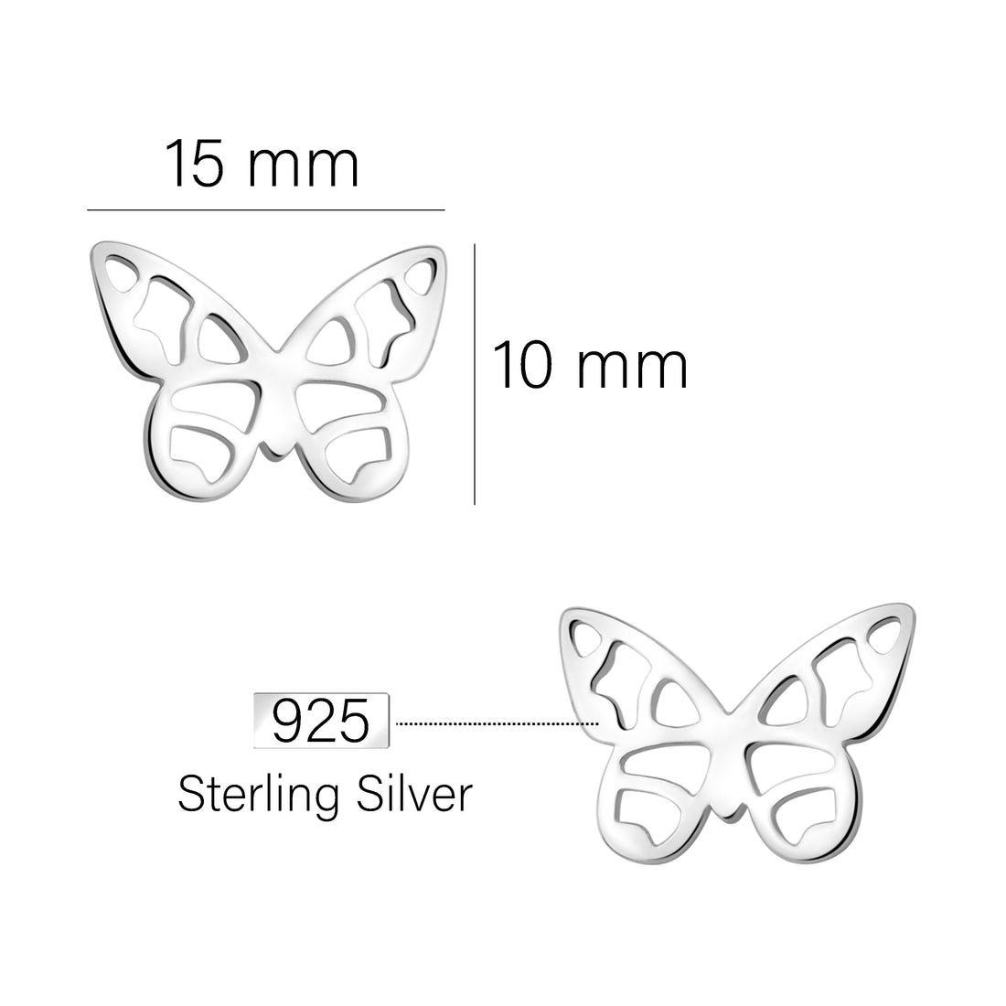 Maßenansicht von Schmetterling Ohrstecker in 925 Silber von Sofia Milani - E2370