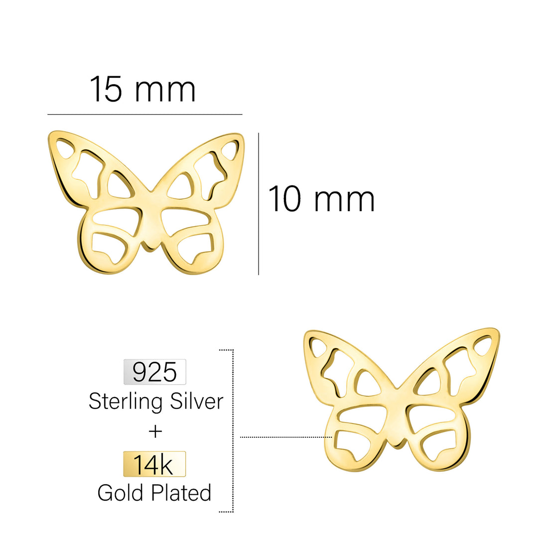 Maßenansicht von Schmetterling Ohrstecker in 925 Silber von Sofia Milani - E2371