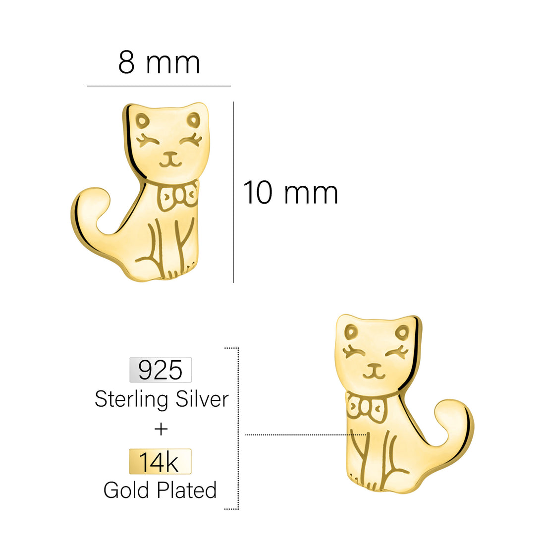 Maßenansicht von Katzen Ohrstecker in 925 Silber von Sofia Milani - E2375
