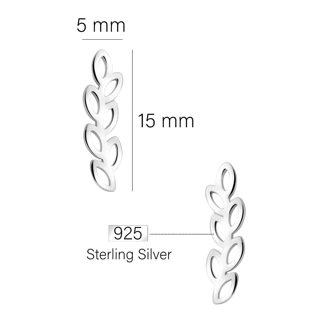 Maßenansicht von Blatt Ohrstecker in 925 Silber von Sofia Milani - E2382