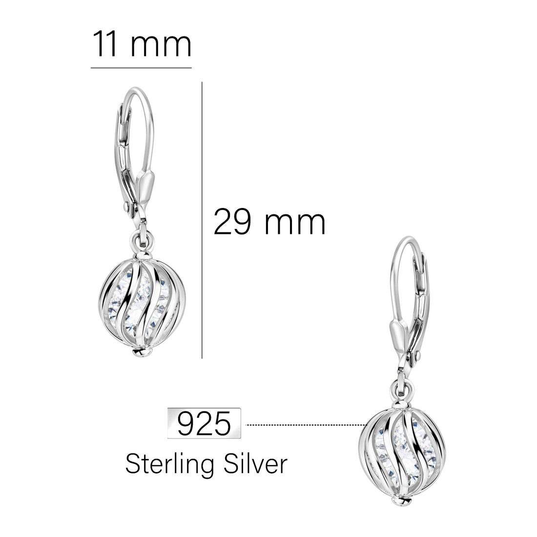 Maßenansicht von Kugel Zirkonia Ohrhänger in 925 Silber von Sofia Milani - E2417