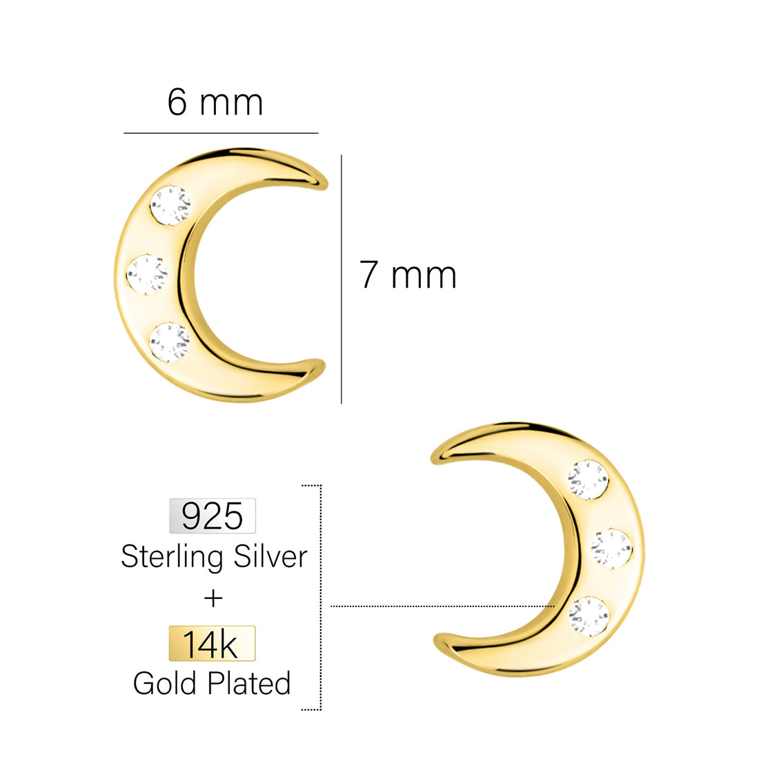 Maßenansicht von Mond Ohrstecker in 925 Silber von Sofia Milani - E2426