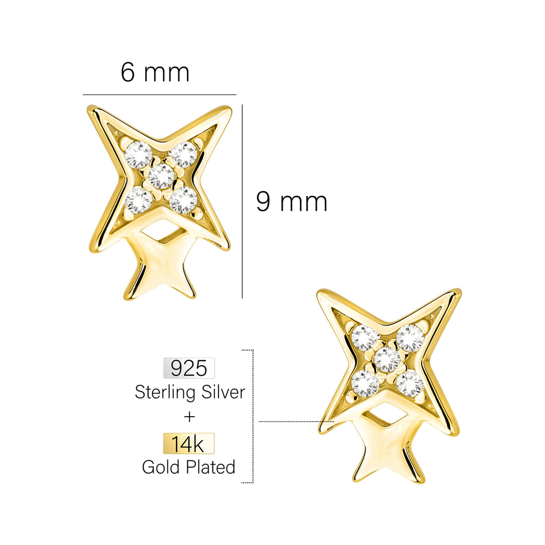 Maßenansicht von Stern Ohrstecker in 925 Silber von Sofia Milani - E2430
