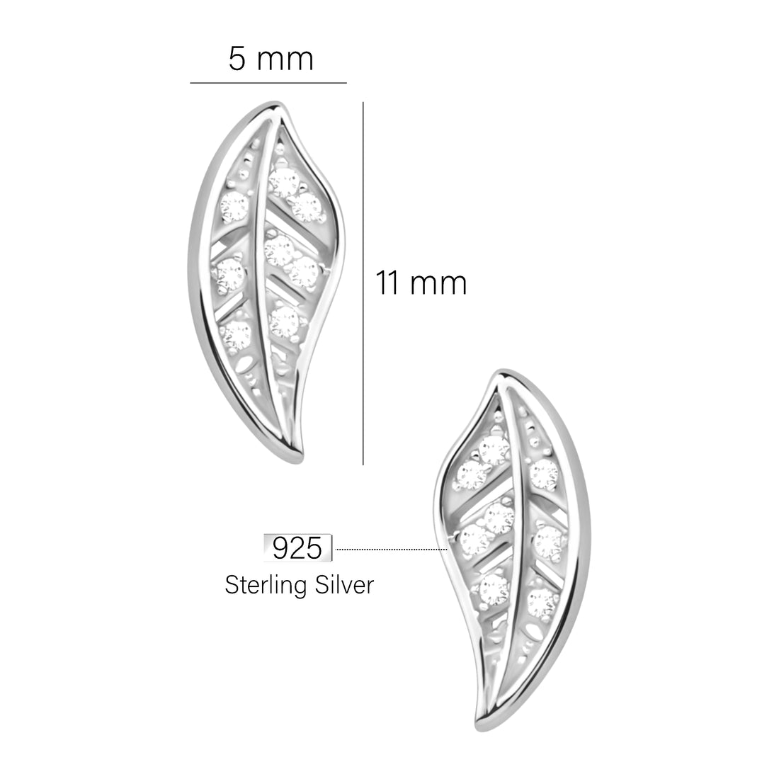 Maßenansicht von Blatt Ohrstecker in 925 Silber von Sofia Milani - E2443