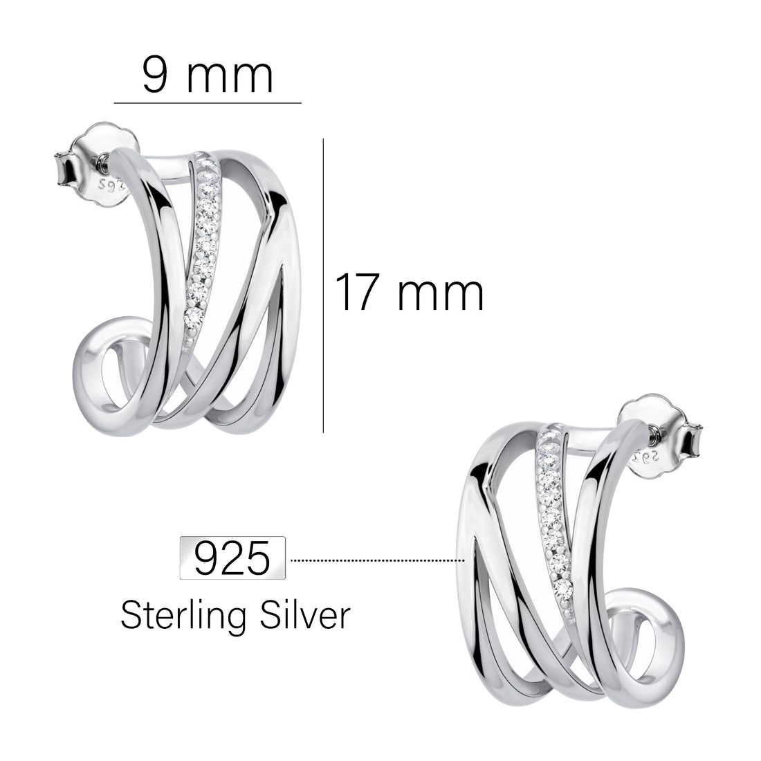 Maßenansicht von Geometrie Steck Creolen in 925 Silber von Sofia Milani - E2453