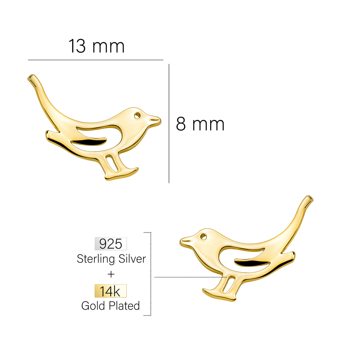Maßenansicht von Vogel Ohrstecker in 925 Silber von Sofia Milani - E2456