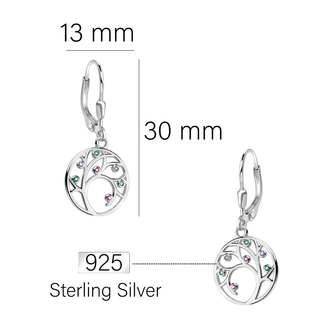 Maßenansicht von Baum Kreis Ohrhänger in 925 Silber von Sofia Milani - E2513