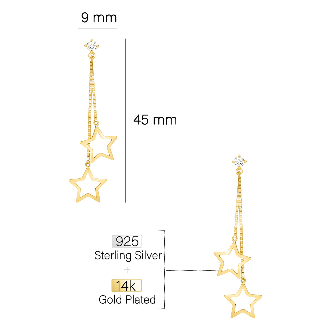 Maßenansicht von Stern Ohrstecker in 925 Silber von Sofia Milani - E2565