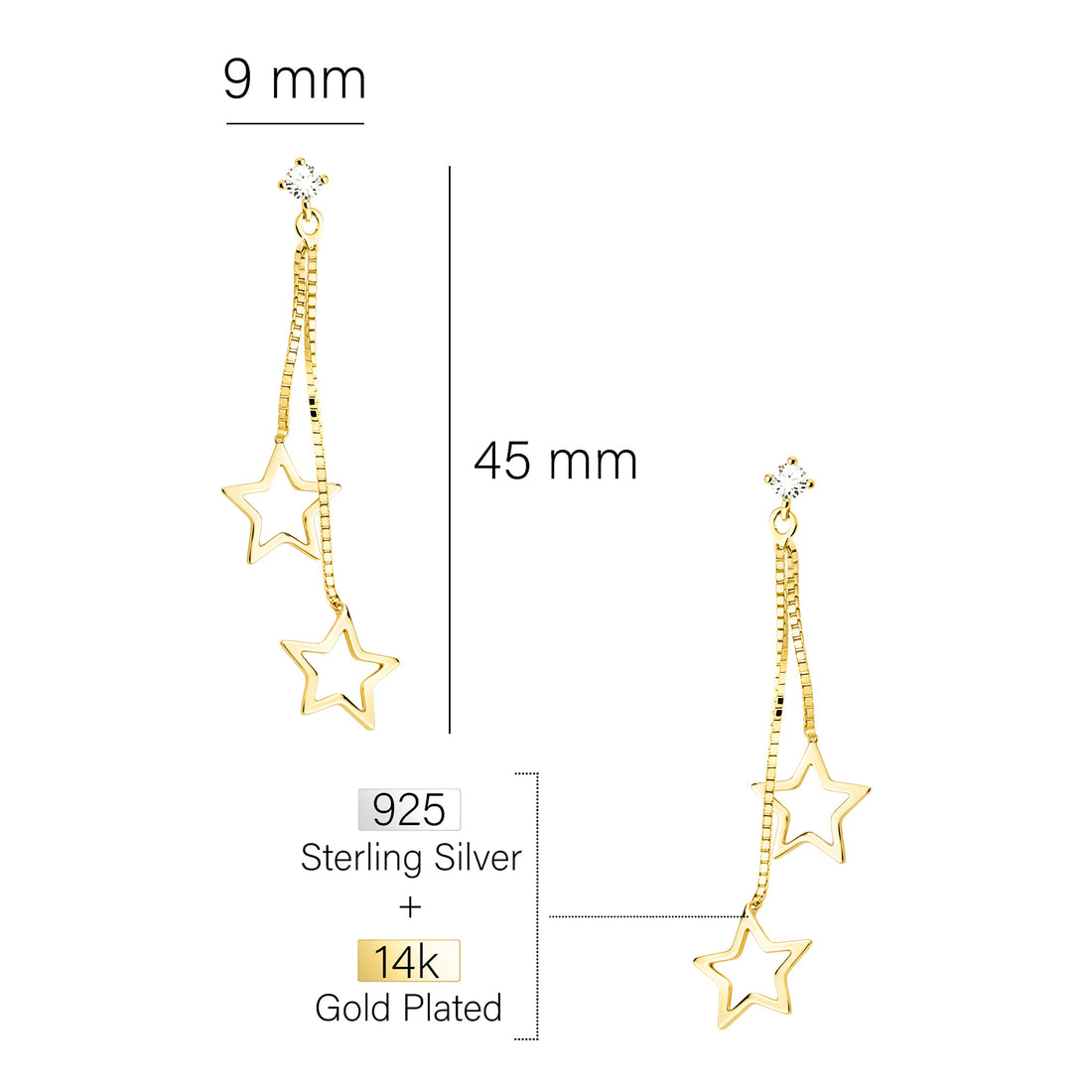 Maßenansicht von Stern Ohrstecker in 925 Silber von Sofia Milani - E2565