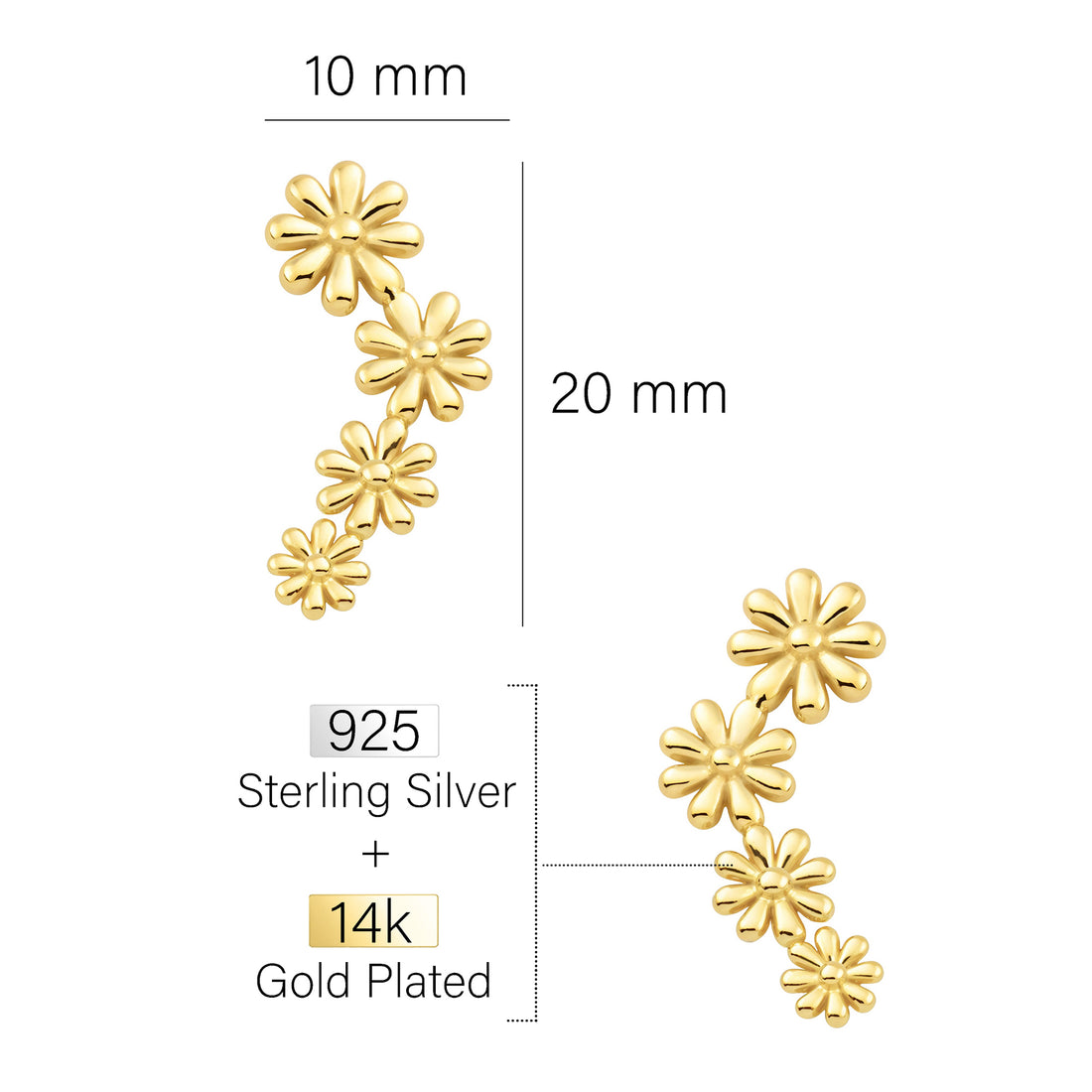 Maßenansicht von Blumen Ohrkletterer in 925 Silber von Sofia Milani - E2589