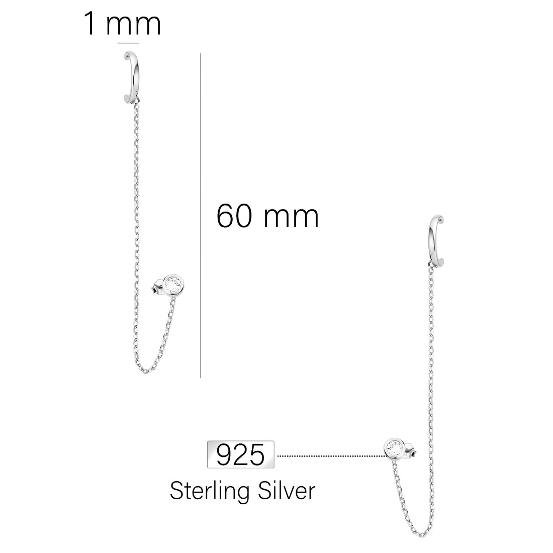 Maßenansicht von Ketten Ear Cuff in 925 Silber von Sofia Milani - E2599
