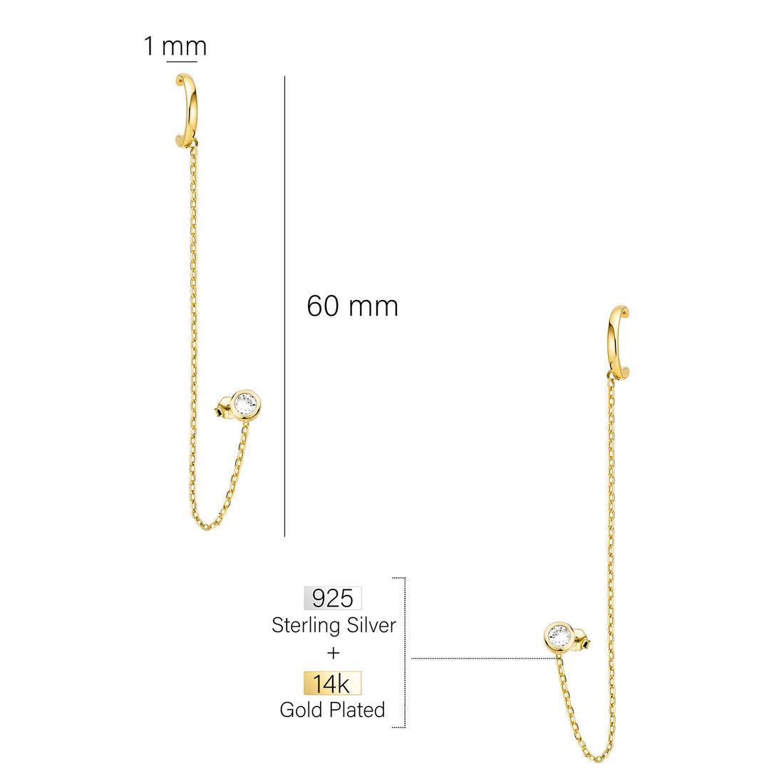 Maßenansicht von Ketten Ear Cuff in 925 Silber von Sofia Milani - E2600