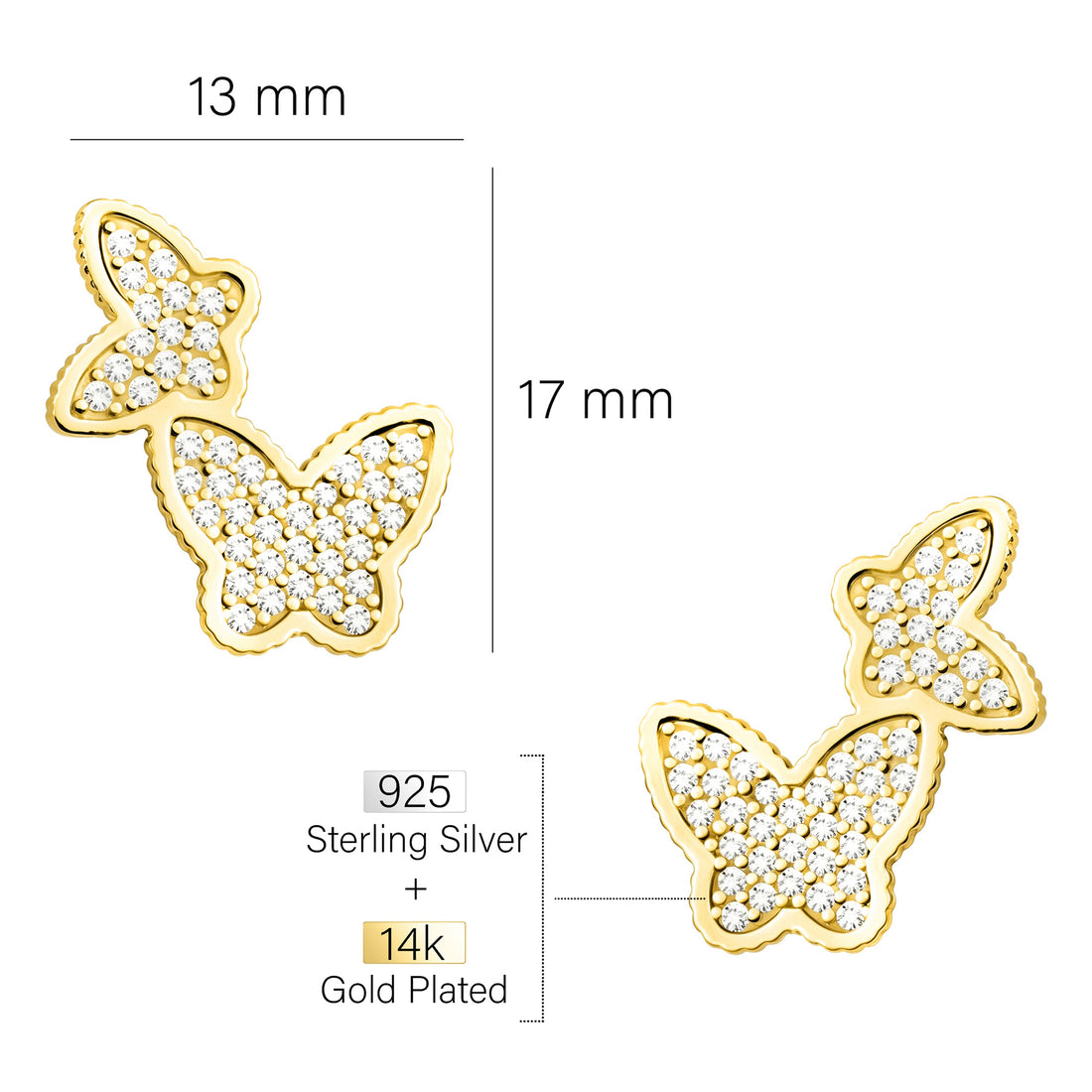 Maßenansicht von Schmetterling Ohrstecker in 925 Silber von Sofia Milani - E2608